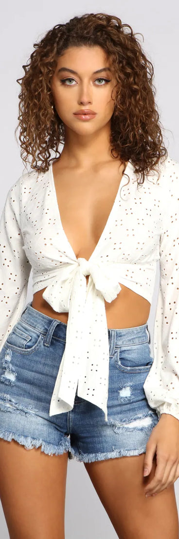 Eyelet Knit Tie Front Crop Top