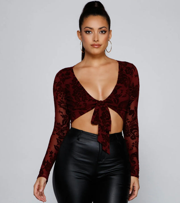 Fancy Me Velvet Burnout Tie-Front Top