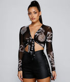 Chic Dragon Print Tie-Front Top