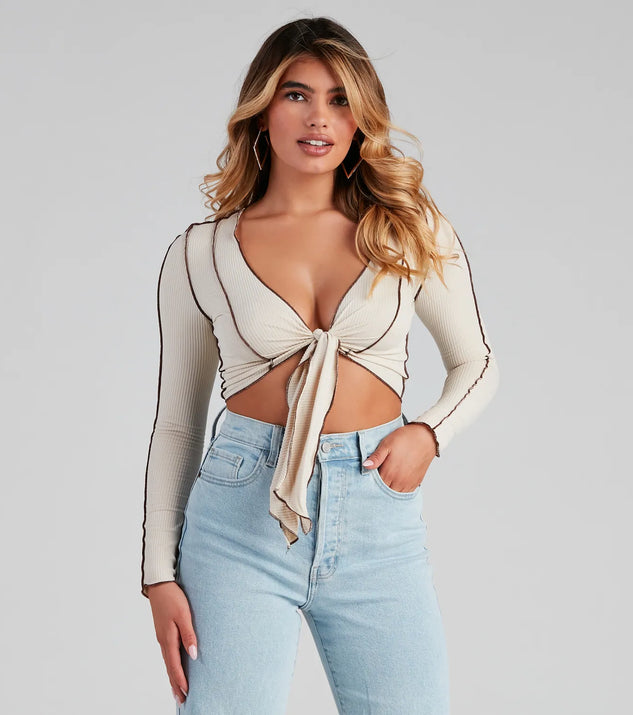 Trendy Ribbed Knit Tie-Front Top