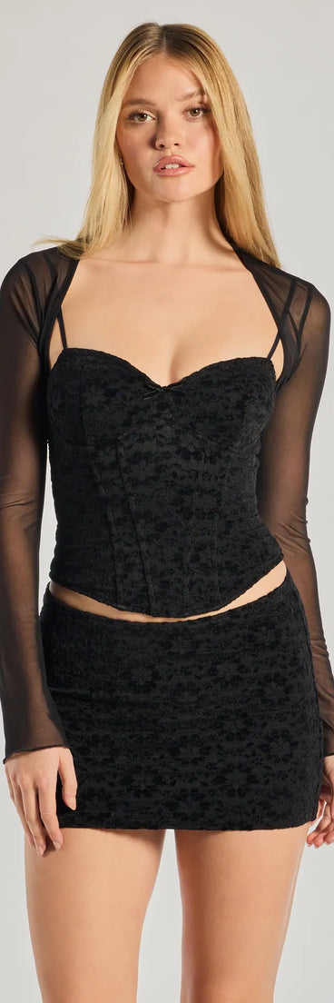 Complete your outfits with the Sheer Mesh Flared Sleeve Bolero, a black fashion jacket that adds stylish edge and versatile appeal.