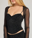 Sheer Mesh Flared Sleeve Bolero, a trendy black addition to women's going-out outfits, is ideal for Christmas party outfits, chic NYE attire, or winter night-out looks that keep you on-trend!