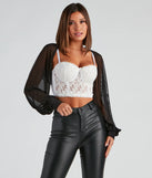 Wrap up in style with the Sheer Mesh Blouson Sleeve Bolero, a cozy black sweater for women designed for night-out looks, everyday outfits, or as a chic layering piece for the colder months.