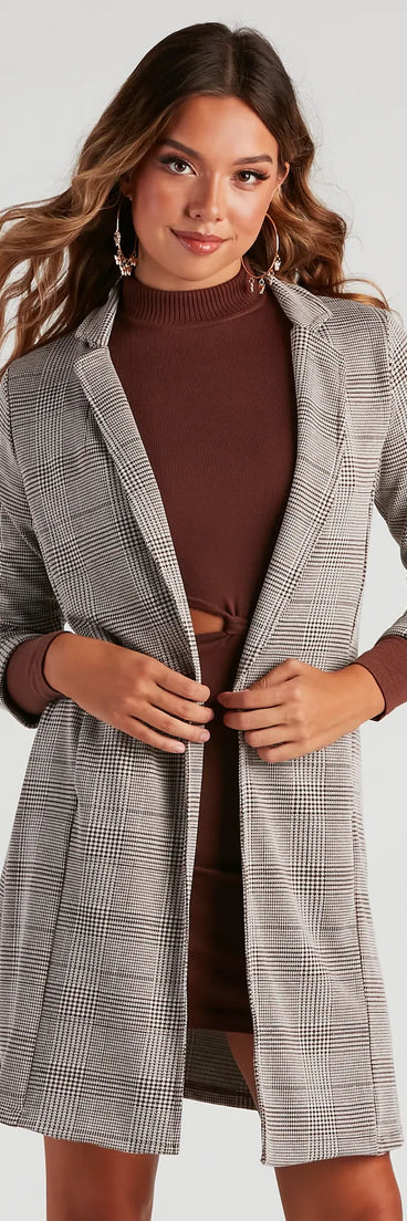 City Style Plaid Long Line Blazer