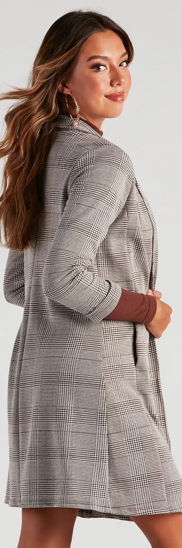 City Style Plaid Long Line Blazer