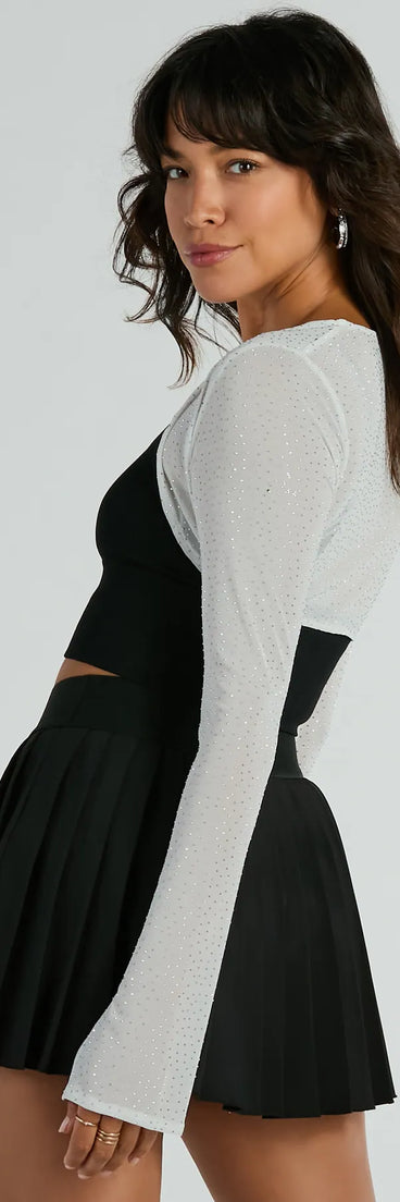 Wrap up in style with the Glam Time Long Sleeve Rhinestone Mesh Bolero, a cozy white sweater for women designed for night-out looks, everyday outfits, or as a chic layering piece for the colder months.