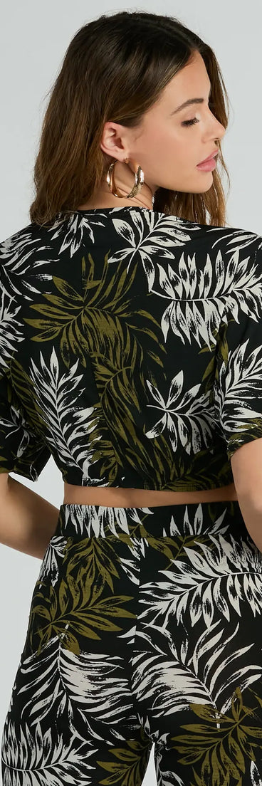 Effortlessly create party outfits or vacation-ready looks with the Living In The Palms Tie-Front Crop Top, one part of a versatile women's black matching set perfect for quick and easy outfit combinations from layering chic outfits to transitioning your look seamlessly.