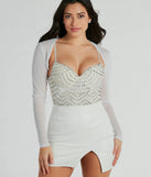 Wrap up in style with the Party Glow Glitter Mesh Bolero, a cozy white sweater for women designed for night-out looks, everyday outfits, or as a chic layering piece for the colder months.