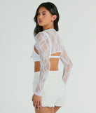 Stylishly Sheer Floral Lace Long Sleeve Bolero, a trendy white addition to women's going-out outfits, is ideal for party attire, chic concert outfits, or night-out looks that keep you on-trend!