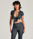 The Cause A Commotion Tie Front Denim Crop Top in denim with a modern design and trendy look is part of the latest women's tops collection to elevate your 2025 wardrobe.