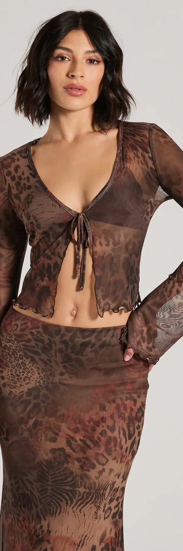 Effortlessly create party outfits or vacation-ready looks with the Wildly Sultry Tie-Front Leopard Rose Mesh Crop Top, one part of a versatile women's brown matching set perfect for quick and easy outfit combinations from layering chic outfits to transitioning your look seamlessly.