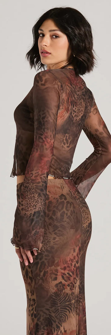 Stand out in 2025 in the Wildly Sultry Tie-Front Leopard Rose Mesh Crop Top, a women's brown long-sleeve top crafted from an elevated fabric with a modern neckline perfect for party outfits, bridal shower attire, or elevated casual outfits.