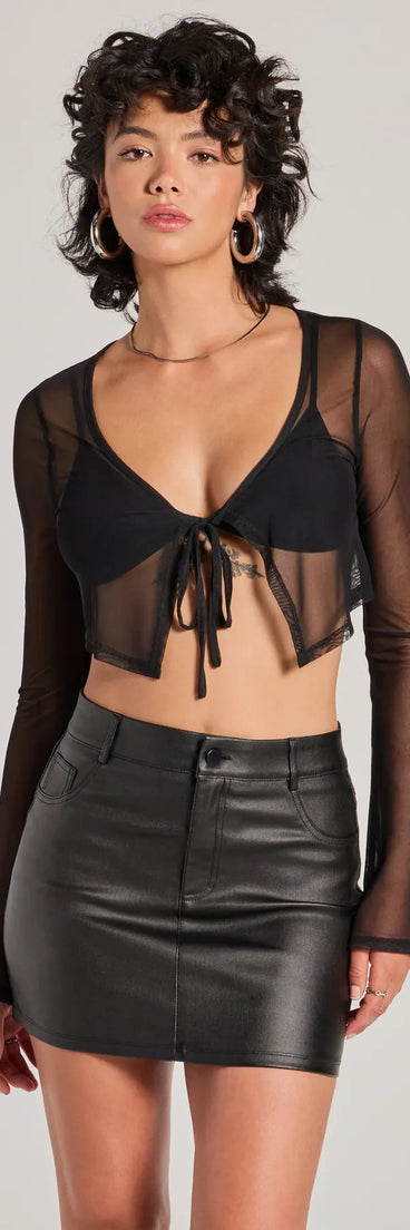 The Get The Look Long Sleeve Tie-Front Mesh Top in black with a modern design and trendy look is part of the latest women's tops collection to elevate your 2025 wardrobe.
