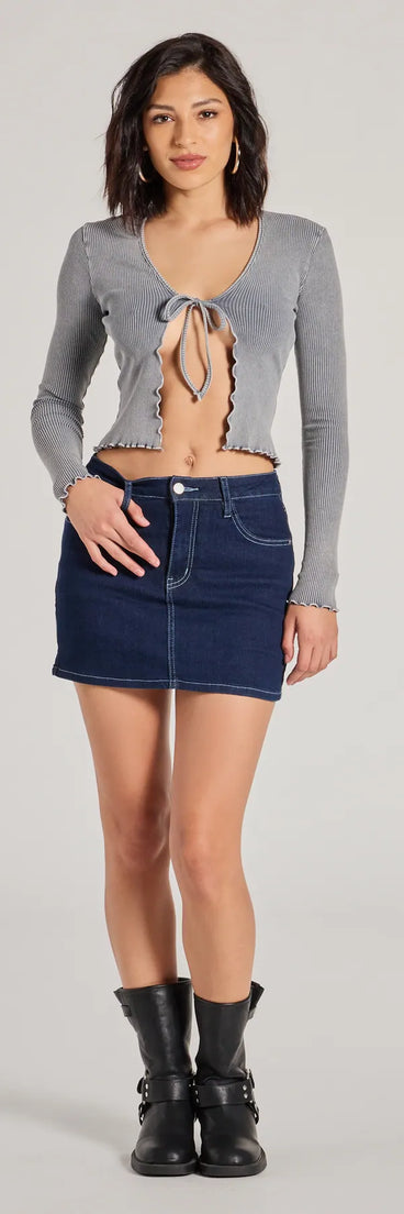 The Major Crush Ribbed Knit Tie-Front Cardigan in charcoal with a modern design and trendy look is part of the latest women's tops collection to elevate your 2025 wardrobe.