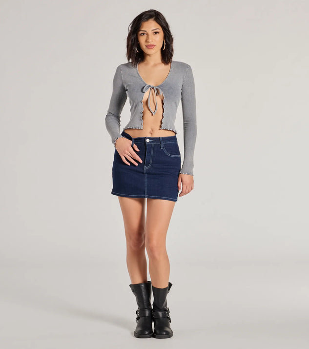 The Major Crush Ribbed Knit Tie-Front Cardigan in charcoal with a modern design and trendy look is part of the latest women's tops collection to elevate your 2025 wardrobe.