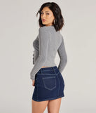 Layer-friendly Major Crush Ribbed Knit Tie-Front Cardigan is a chic, transitional charcoal gray long-sleeve top with contemporary sleeves and neckline design, ideal for an elevated cozy style or casual elegance.