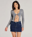 Wrap up in style with the Major Crush Ribbed Knit Tie-Front Cardigan, a cozy charcoal sweater for women designed for night-out looks, everyday outfits, or as a chic layering piece for the colder months.