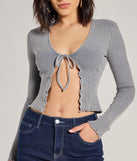 Layer-friendly Major Crush Ribbed Knit Tie-Front Cardigan is a chic, transitional charcoal gray long-sleeve top with contemporary sleeves and neckline design, ideal for an elevated cozy style or casual elegance.