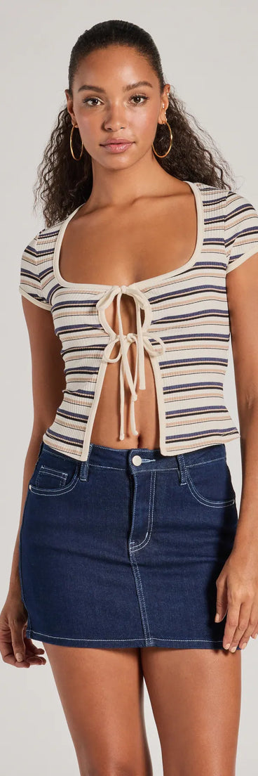 The Stylish Status Striped Knit Tie-Front Top in ivory with a modern design and trendy look is part of the latest women's tops collection to elevate your 2025 wardrobe.