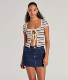 The Stylish Status Striped Knit Tie-Front Top in ivory with a modern design and trendy look is part of the latest women's tops collection to elevate your 2025 wardrobe.