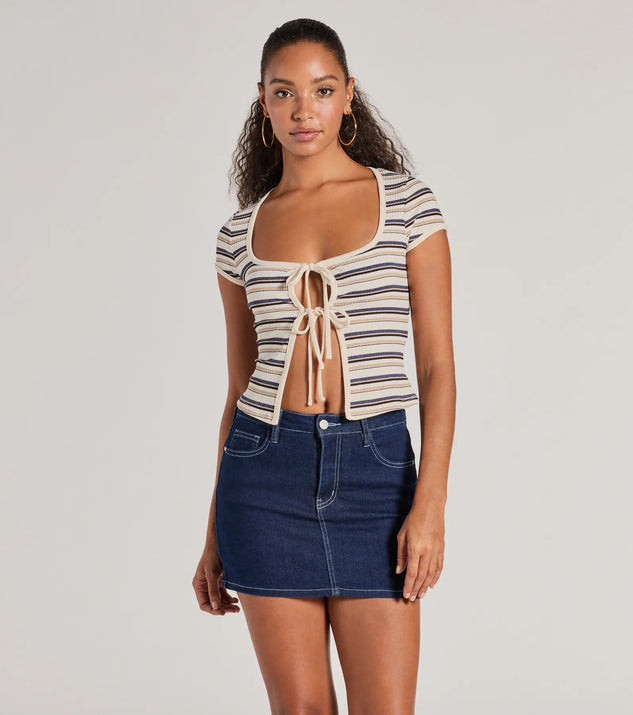 The Stylish Status Striped Knit Tie-Front Top in ivory with a modern design and trendy look is part of the latest women's tops collection to elevate your 2025 wardrobe.