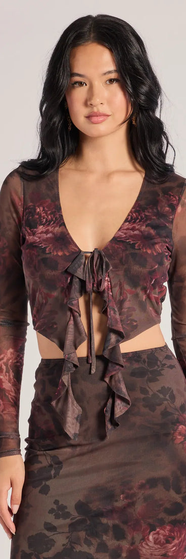 Effortlessly create party outfits or vacation-ready looks with the Wild Blossom Abstract Print Tie-Front Crop Top, one part of a versatile women's brown matching set perfect for quick and easy outfit combinations from layering chic outfits to transitioning your look seamlessly.