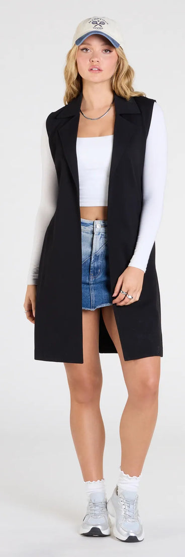 Complete your outfits with the City Sleek Tie-Waist Longline Ponte Vest, a black fashion jacket that adds stylish edge and versatile appeal.