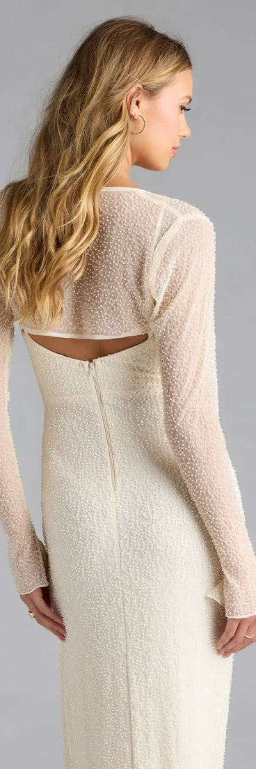 Refresh your wardrobe with the Luxe Layer Beaded Sheer Mesh Bolero, a beige fashion jacket that adds statement style to every look.