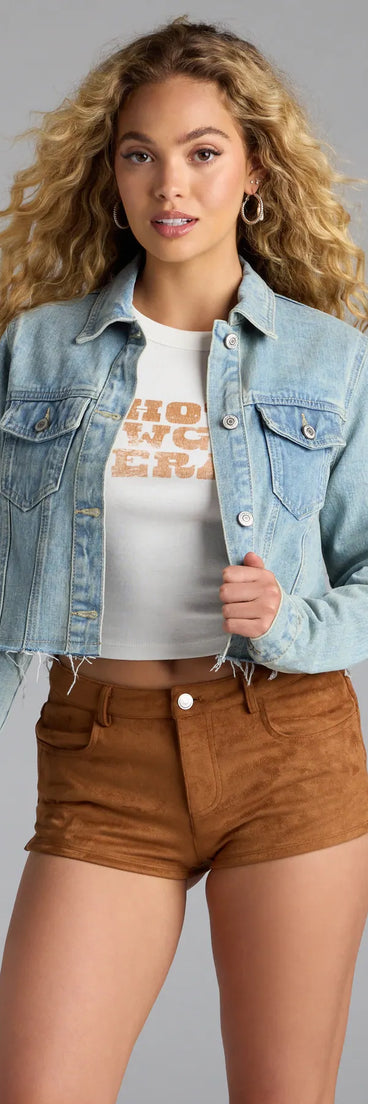 Complete your outfits with the So Laid Back Frayed Crop Denim Jacket, a light blue fashion jacket that adds stylish edge and versatile appeal.