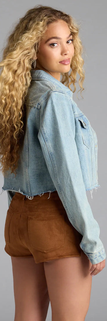 Layer on laid-back style with the So Laid Back Frayed Crop Denim Jacket in light blue, a jean jacket perfect for casual looks with a cool-girl twist.