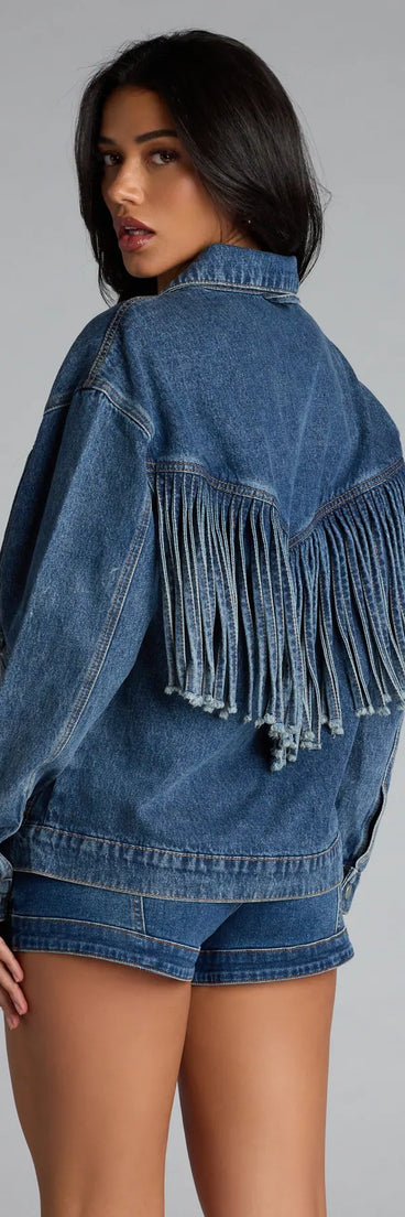 Layer the Fringe Benefits Oversized Denim Jacket with fall outfits or back to campus looks—perfect in denim blue for staying stylish on cool seasonal nights.