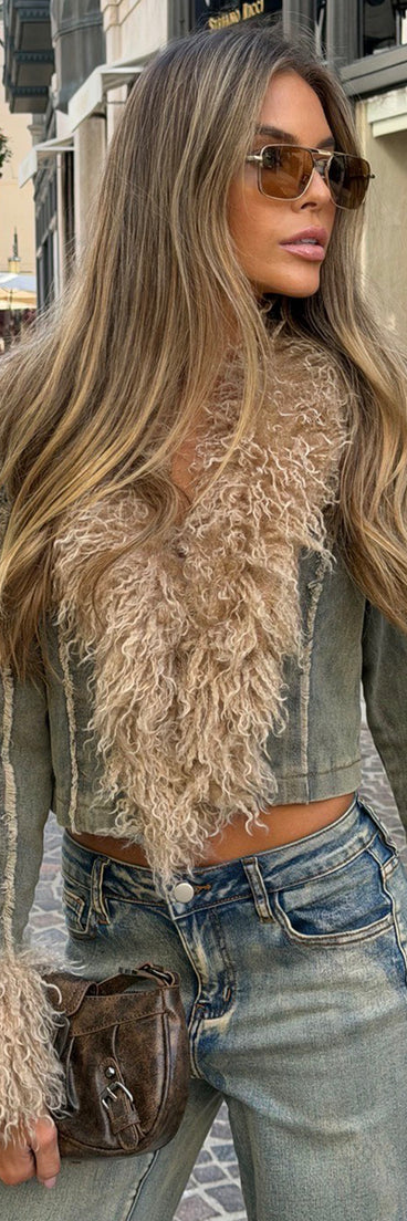 Scene Stealer Faux Fur Crop Denim Jacket