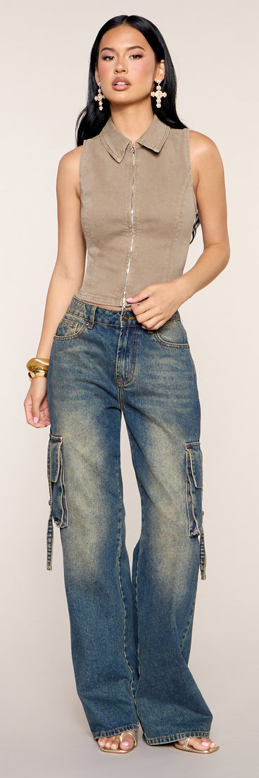 Zip Code Collared Denim Vest