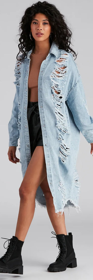 Destroyed Denim Long Line Jacket