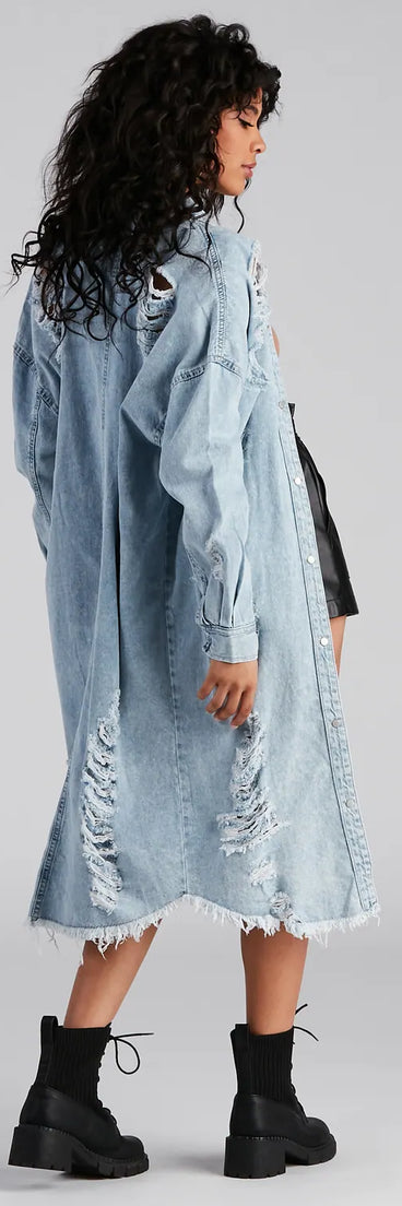 Destroyed Denim Long Line Jacket