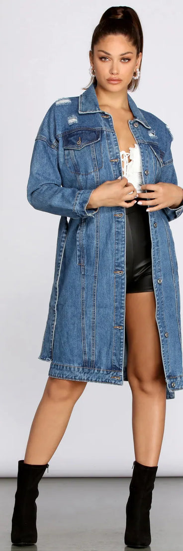 Be That Babe Belted Long Denim Jacket