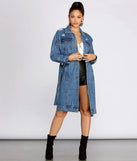 Be That Babe Belted Long Denim Jacket