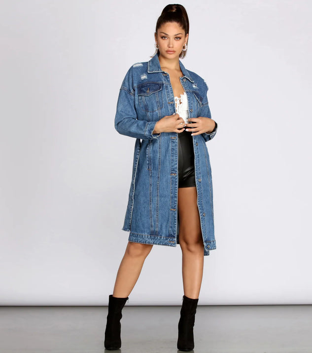 Be That Babe Belted Long Denim Jacket