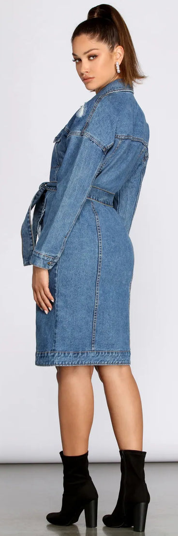 Be That Babe Belted Long Denim Jacket