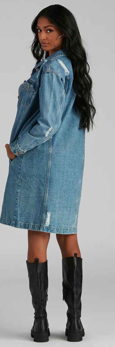Distressed Denim Long Line Jacket