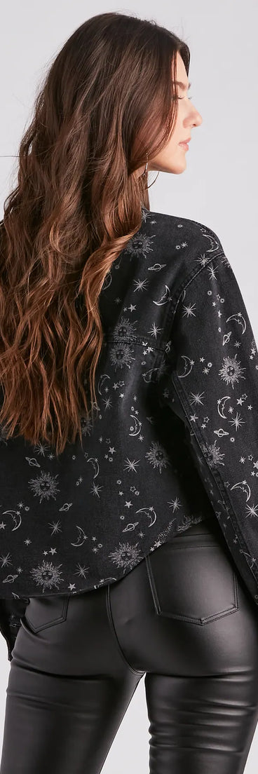 Dreamy Trendsetter Celestial Print Denim Shacket
