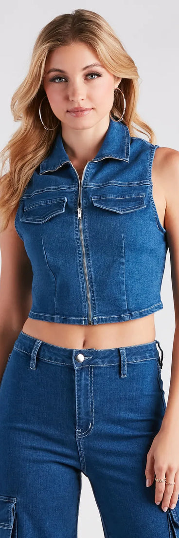 Cutie In Charge Sleeveless Denim Vest