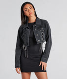 The Outshine In Rhinestone Lace-Up Denim Jacket in black is a women's workwear essential with an elevated fabric and chic silhouette, ideal for layering and versatile enough to take your look from office chic to going-out ready!