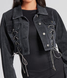 The Outshine In Rhinestone Lace-Up Denim Jacket in black is a women's workwear piece offering a trendy style and unique accents, perfect for effortlessly creating an outfit-of-the-day look that transitions your office look to going-out ready.