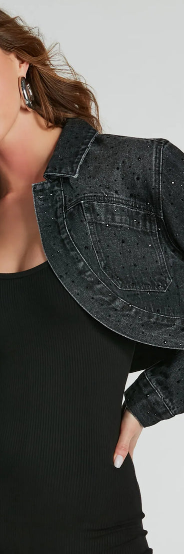 Sparkle Gal Rhinestone Crop Denim Jacket, a trendy black addition to women's going-out outfits, is ideal for Christmas party outfits, chic NYE attire, or winter night-out looks that keep you on-trend!