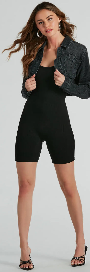 Sparkle Gal Rhinestone Crop Denim Jacket, a trendy black addition to women's going-out outfits, is ideal for Christmas party outfits, chic NYE attire, or winter night-out looks that keep you on-trend!