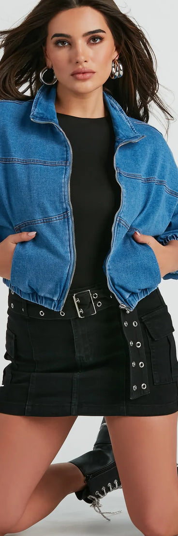 Trendy Destination Denim Bomber Jacket