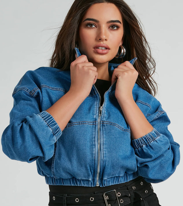 Trendy Destination Denim Bomber Jacket | Windsor