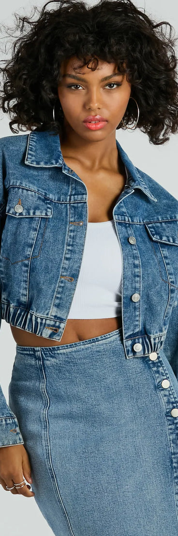 Complete your outfits with the On My Way Trucker Crop Denim Jacket, a denim blue fashion jacket that adds stylish edge and versatile appeal.