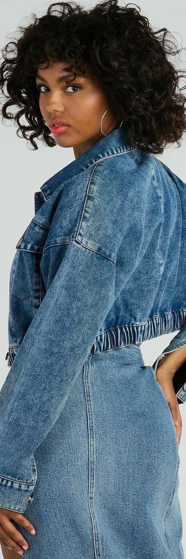 Layer on laid-back style with the On My Way Trucker Crop Denim Jacket in denim blue, a jean jacket perfect for casual looks with a cool-girl twist.